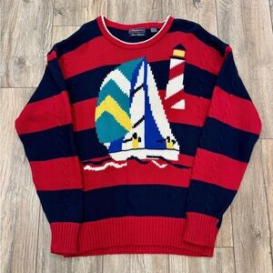 Men’s Vintage CF Hathaway Navy and Red Striped Sailboat Crewneck Sweater Size L